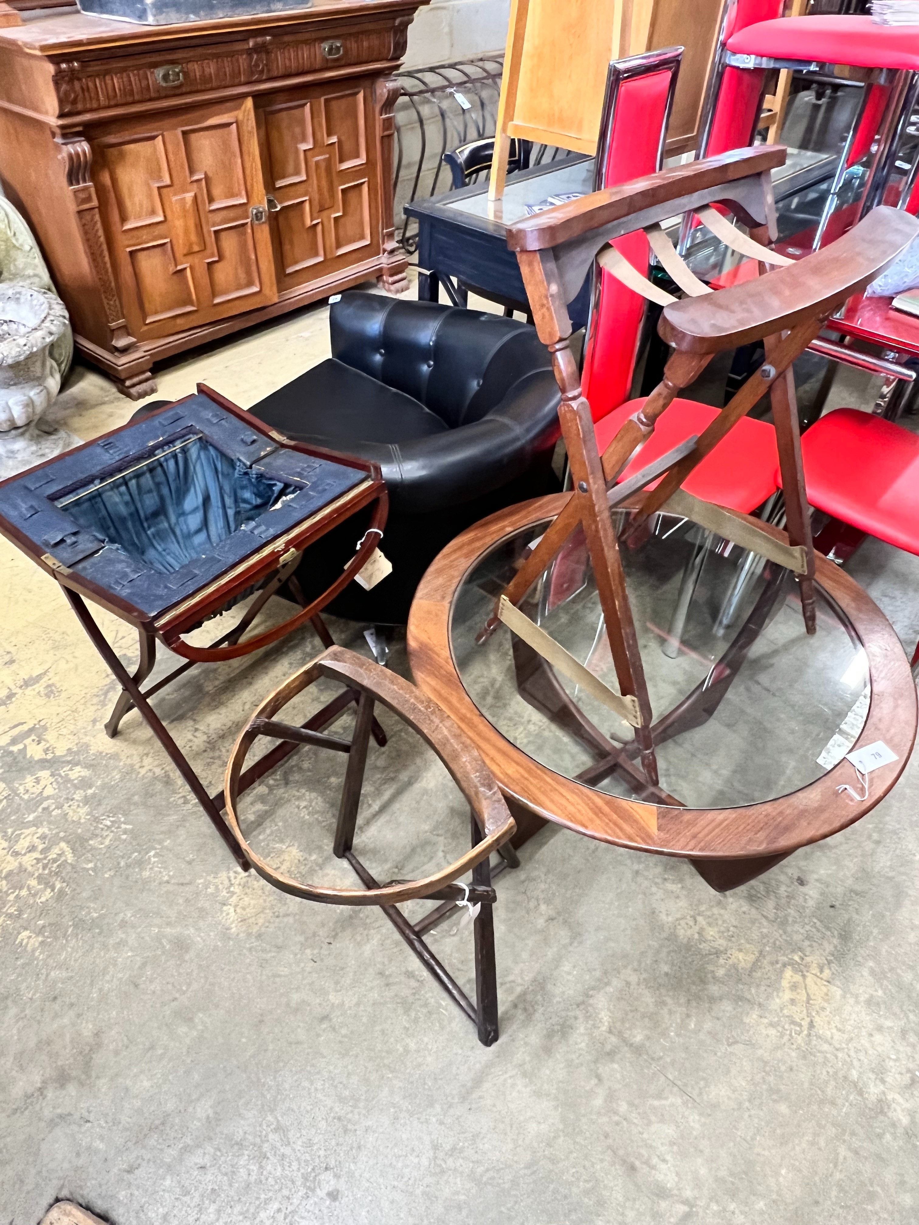 A lace pillow bolster stand, a mahogany work box on folding stand and a lacemaker's pillow stand